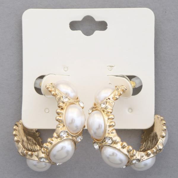 PEARL BEAD RHINESTONE OPEN HOOP EARRING