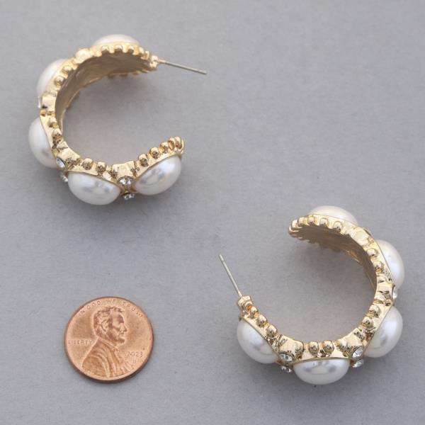 PEARL BEAD RHINESTONE OPEN HOOP EARRING