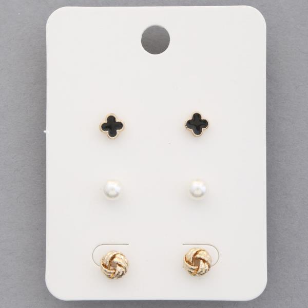 CLOVER PEARL METAL KNOT STUD EARRING 3 PAIR SET