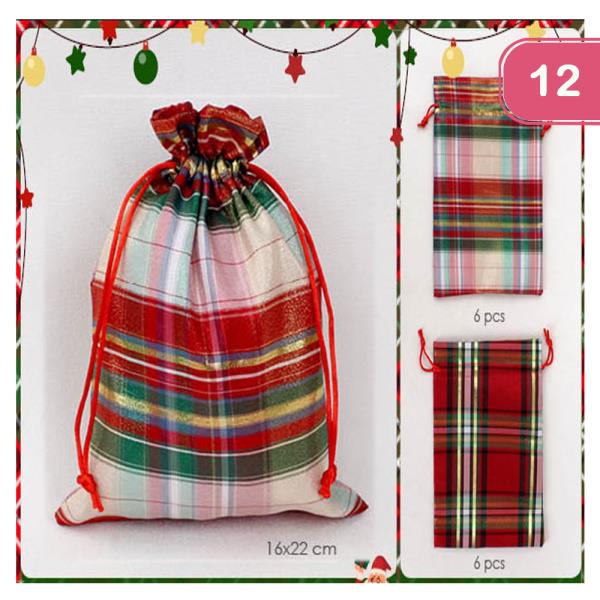 SHINY PLAID PRINT DRAWSTRING GIFT BAG (12 UNITS)