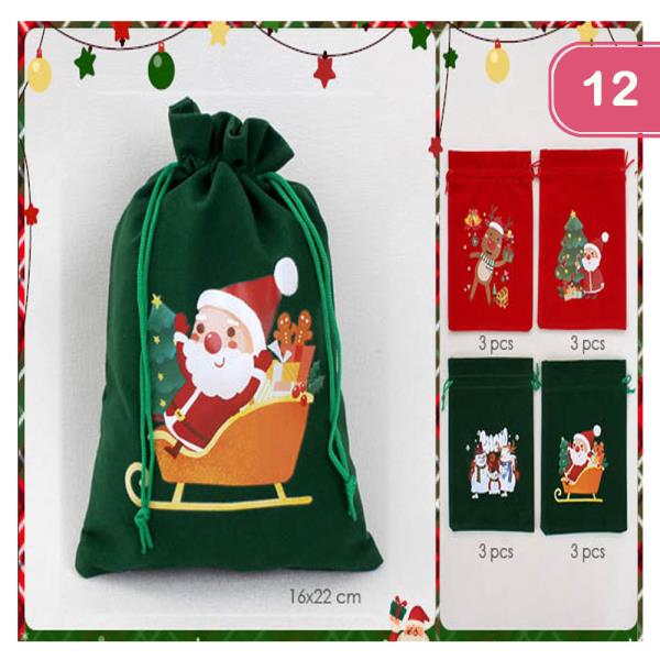 RED AND GREEN VELVET LIKE CHRISTMAS DRAWSTRING BAG (12 UNITS)