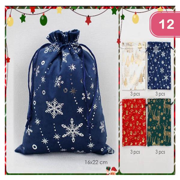 ASSORTED COLOR METALLIC CHRISTMAS DRAWSTRING BAG (12 UNITS)