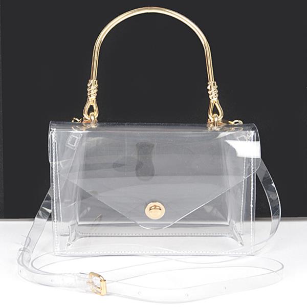 TRANSPARENT METAL HANDLE FLAP CLUTCH BAG