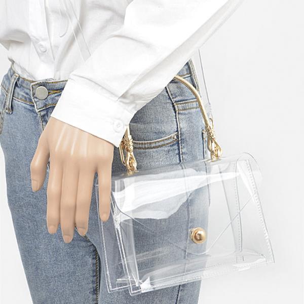 TRANSPARENT METAL HANDLE FLAP CLUTCH BAG