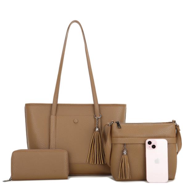 3IN1 SMOOTH TASSEL TOTE W CROSSBODY AND WALLET SET