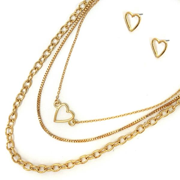 HEART 3 LAYERED METAL CHAIN NECKLACE EARRING SET