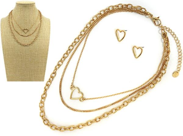 HEART 3 LAYERED METAL CHAIN NECKLACE EARRING SET