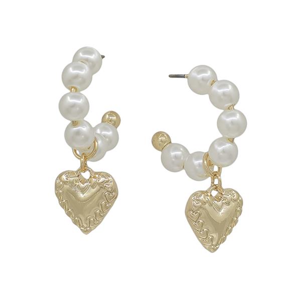 6MM PEARL HOOP WITH TEXTURED HEART CHARM EARRING