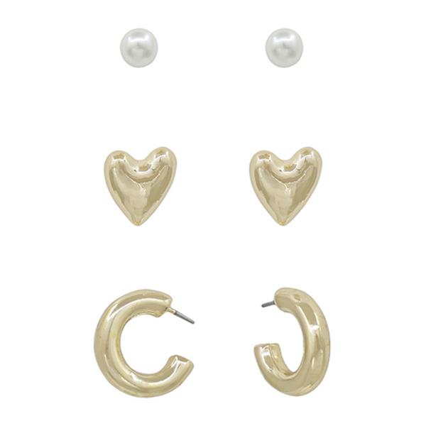 3 SET PEARL & HEART & HOOP EARRING