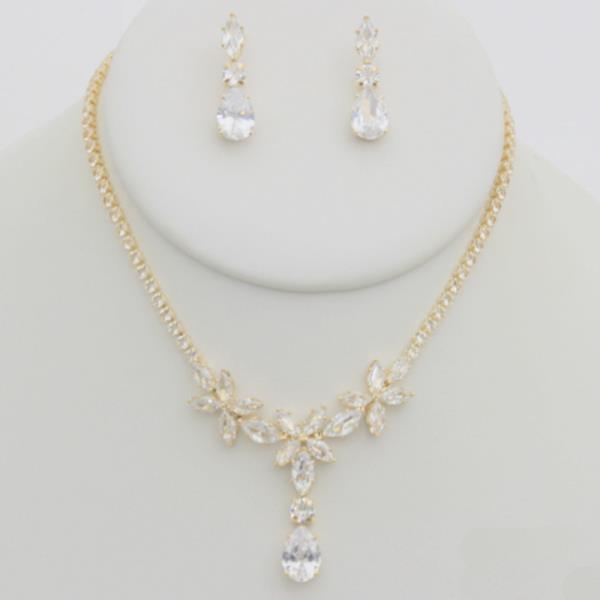 RHINESTONE FLOWER & TEAR DROP NECKLACE EARRING SET