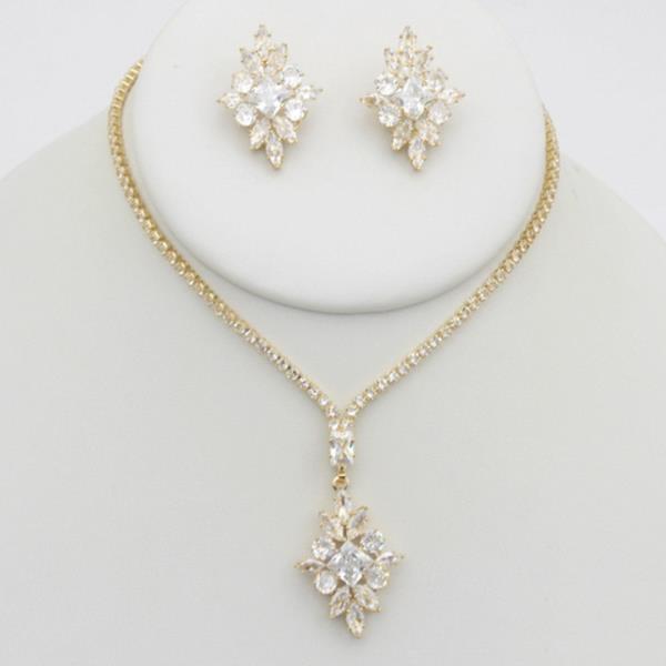 FLOWER RHINESTONE CLUSTER NECKLACE SET