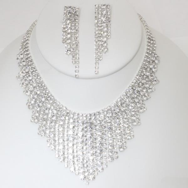 V SHAPE FRINGE RHINESTONE NECKLACE EARRING SET