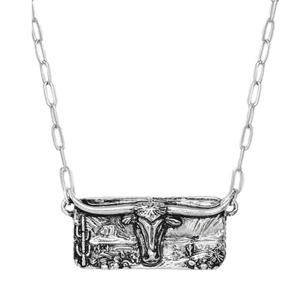 WESTERN STYLE CATTLE HEAD RECTANGLE METAL NECKLACE