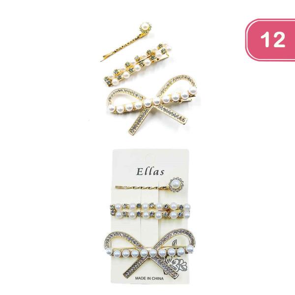 PEARL RHINESTONE BOW HAIR PINS SET (12 UNITS)