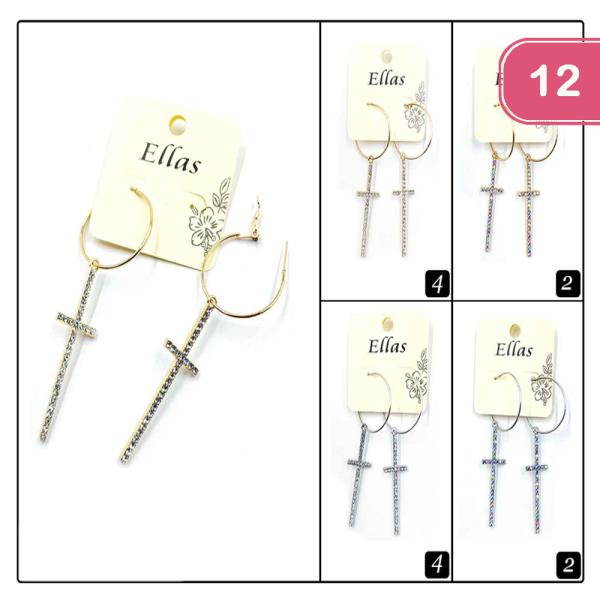 RHINESTONE CROSS HOOP DANGLE EARRING (12 UNITS)