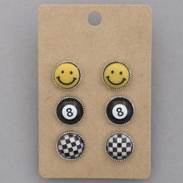 EIGHT BALL SMILEY FACE ROUND ASSORTED EARRING SET