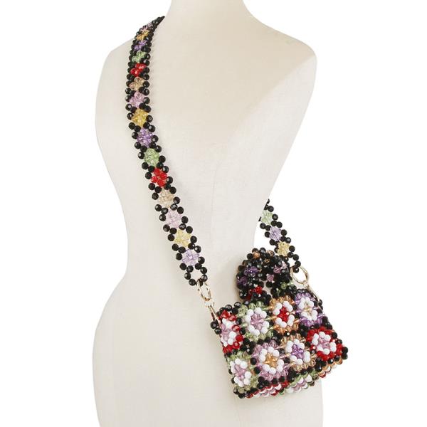 CUTE FLOWER BEADED HANDLE CROSSBODY BAG