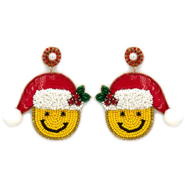 CHRISTMAS SMILEY FACE WITH HAT SEED BEAD DANGLE EARRING