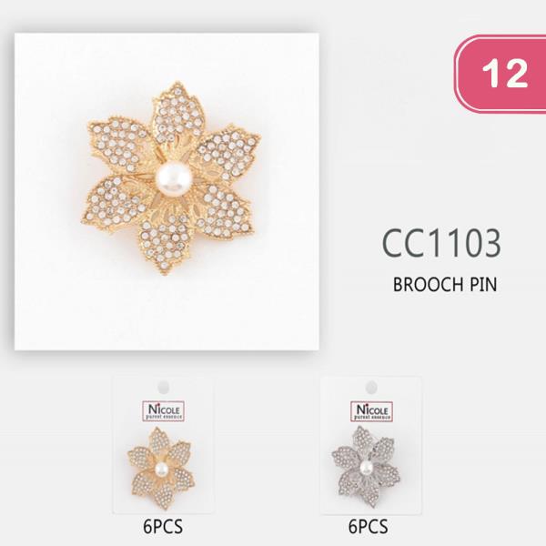 RHINESTONE PEARL FLOWER BROOCH (12 UNITS)