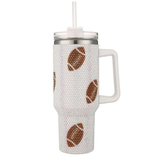 FOOTBALL RHINESTONE BLING 40 OZ TUMBLER WITH HANDLE