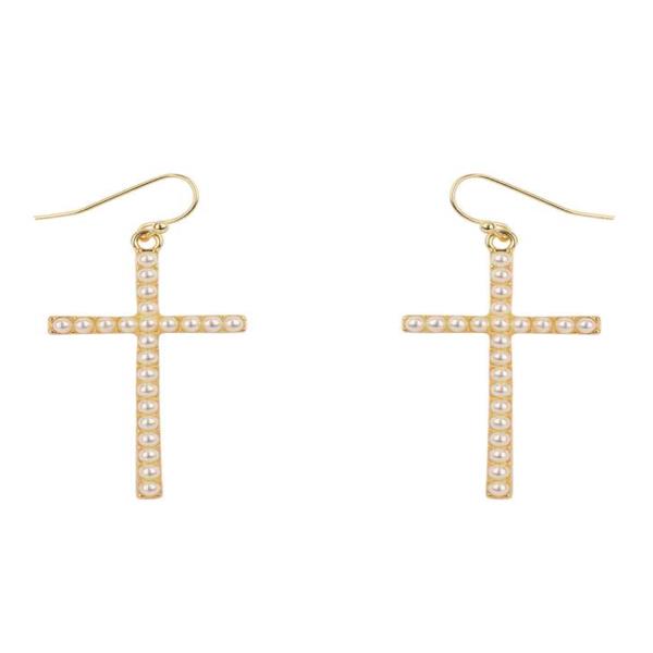 PEARL CROSS FISH HOOK EARRING