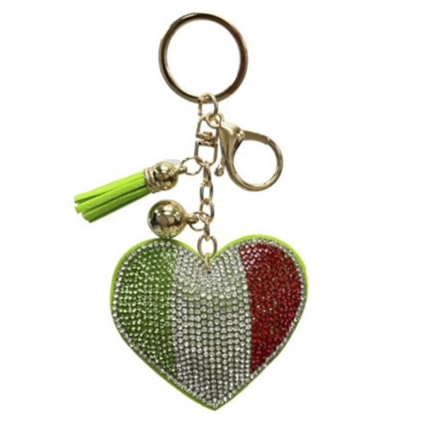 RHINESTONE ITALY FLAG HEART KEYCHAIN WITH TASSEL