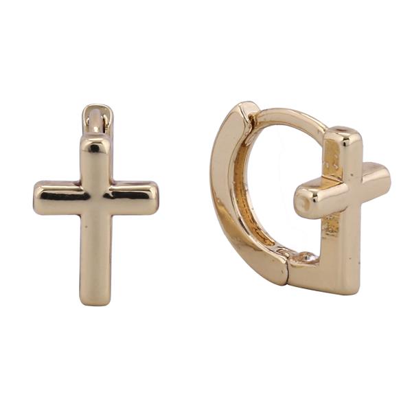 14K GOLD/WHITE GOLD DIPPED ANGLED CROSS HUGGIE EARRING