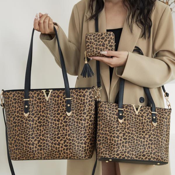 3IN1 LEOPARD PRINTED V TOTE W MATCHING BAG AND WALLET SET