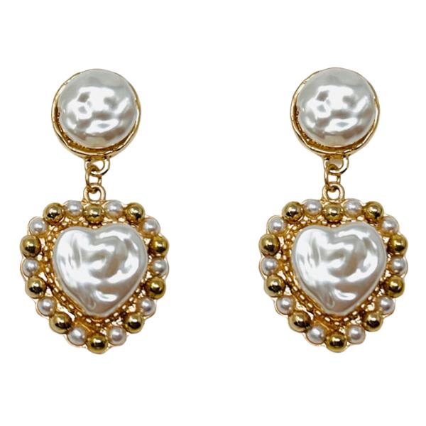 WESTERN METAL HEART PEARL DANGLE EARRING