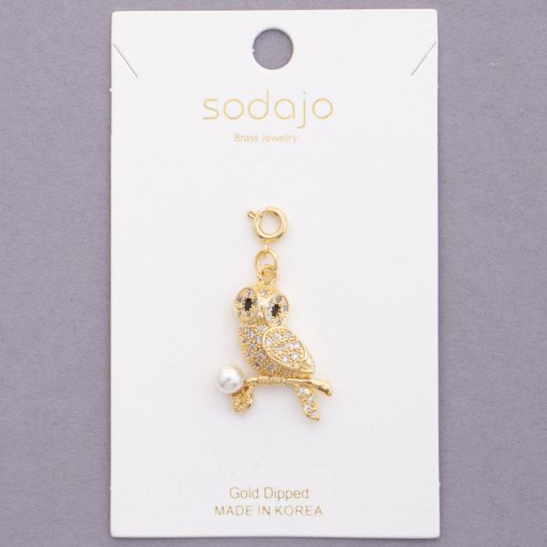 SODAJO OWL RHINESTONE PEARL BEAD GOLD DIPPED NECKLACE CHARM