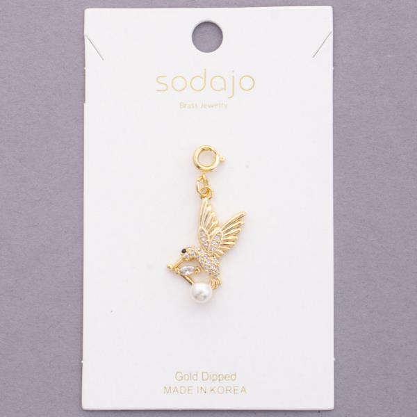 SODAJO HUMMINGBIRD RHINESTONE PEARL BEAD GOLD DIPPED NECKLACE CHARM