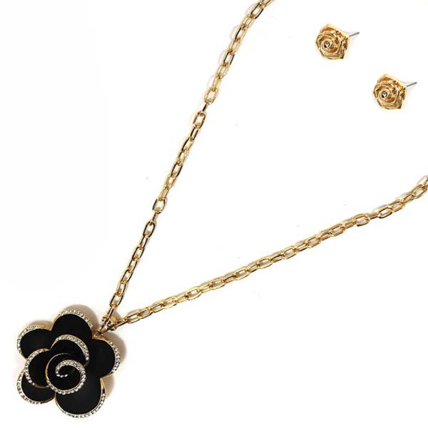 BLACK FLOWER PENDANT NECKLACE EARRING SET