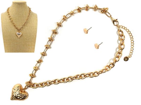 METAL CHAIN HEART PENDANT NECKLACE EARRING SET