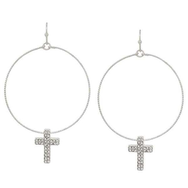 ROUND TEXTURED WIRE CROSS PAVE HOOP EARRING