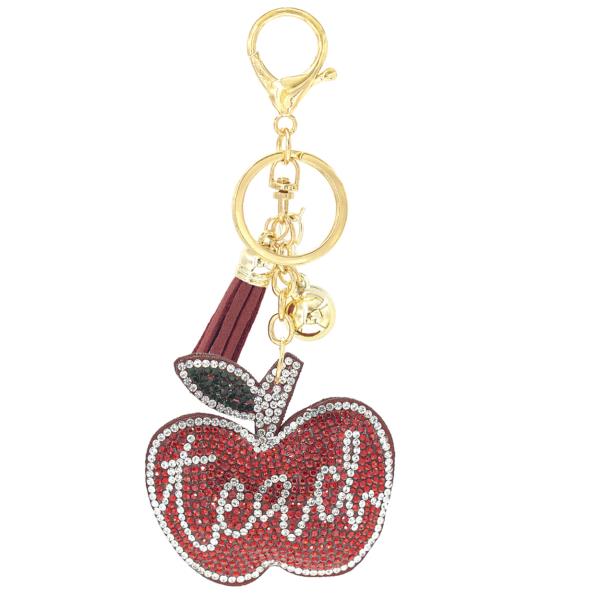 RHINESTONE APPLE TEACHER KEYCHAIN WITH TASSEL