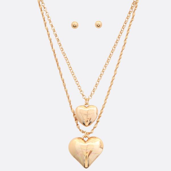 DOUBLE PUFFY HEART PENDANT ROPE LINK LAYERED NECKLACE