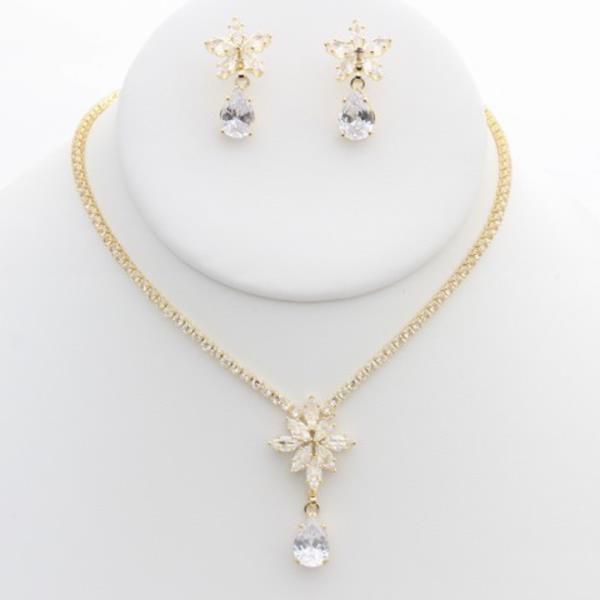 FLOWER TEARDROP RHINESTONE NECKLACE EARRING SET