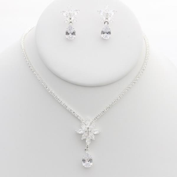 FLOWER TEARDROP RHINESTONE NECKLACE EARRING SET