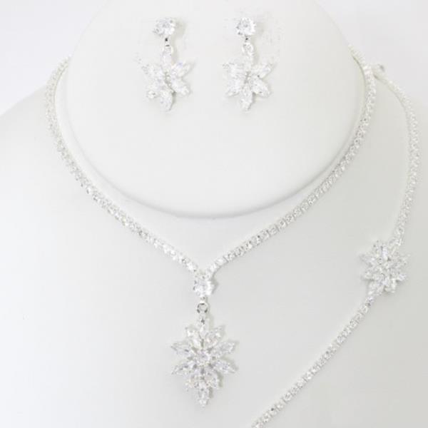 FLOWER RHINESTONE NECKLACE EARRING BRACELET SET