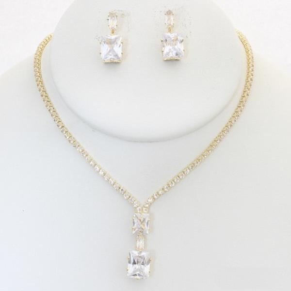 SQUARE PENDANT RHINESTONE NECKLACE EARRING SET