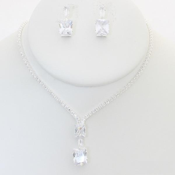 SQUARE PENDANT RHINESTONE NECKLACE EARRING SET