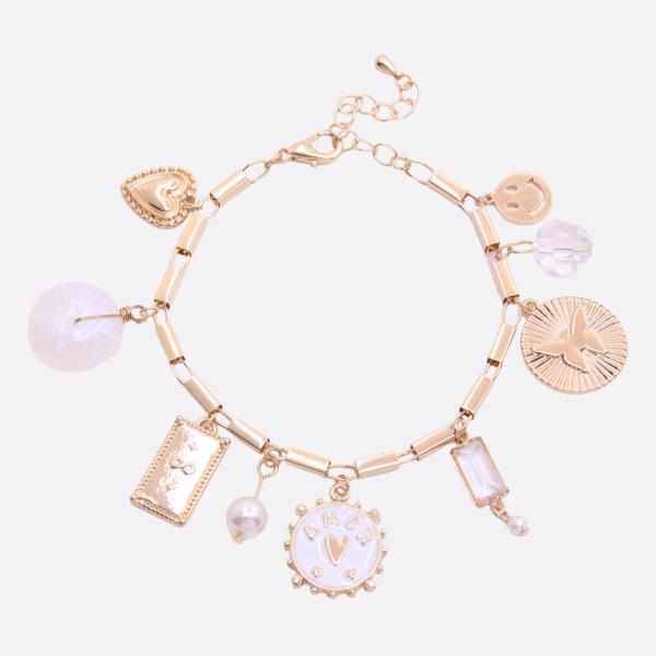 COIN CHARM PEARL BEAD METAL BRACELET