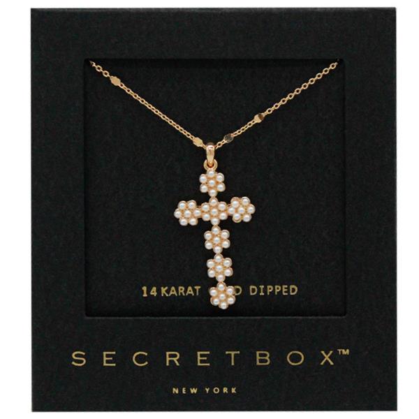 SECRET BOX PEARL PAVED CROSS PENDANT GOLD DIPPED NECKLACE