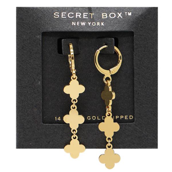 SECRET BOX TRIPLE CLOVER DANGLE HUGGIE GOLD DIPPED EARRING