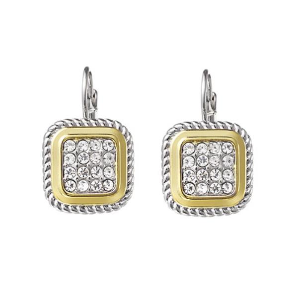 SQUARE RHINESTONE TWO TONE DANGLE EARRING