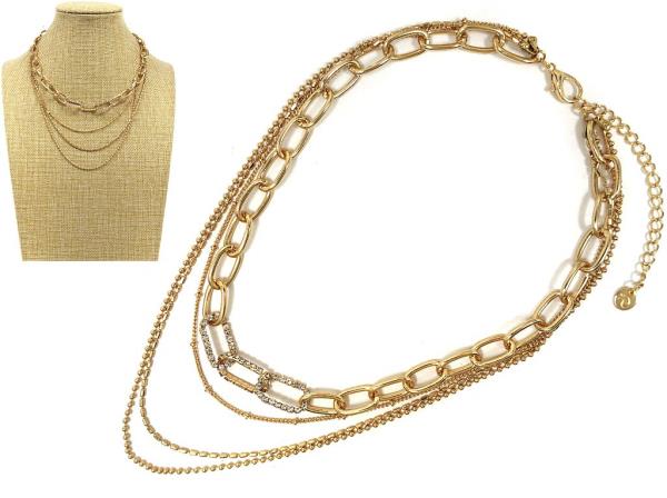 PAVED RHINESTONE OVAL LINK METAL LAYERED NECKLACE