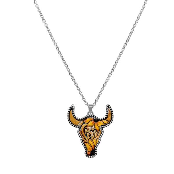 WESTERN TOOLED LEATHER CATTLE HEAD PENDANT NECKLACE