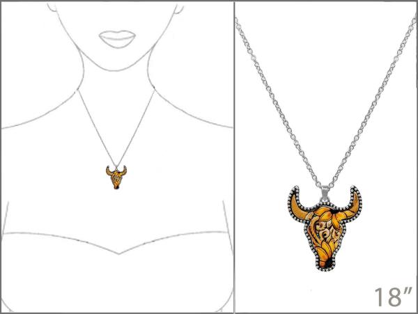 WESTERN TOOLED LEATHER CATTLE HEAD PENDANT NECKLACE