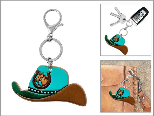 WESTERN TOOLED LEATHER COWBOY HAT KEYCHAIN