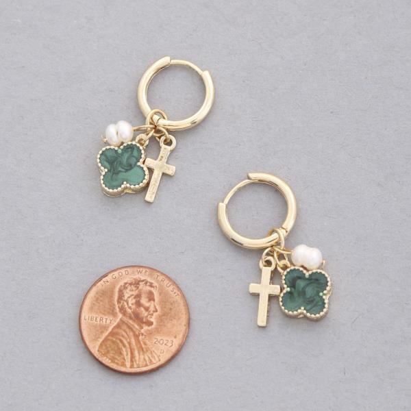 CLOVER CROSS CHARM FRESHWATER PEARL HUGGIE EARRING